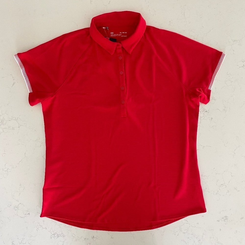 Under Armour Athletic Heat Gear Loose Fit SS Polo Shirt Red White Sz XL NWT